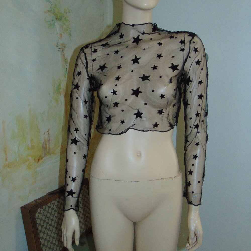Semi sheer Whimsigoth Grunge Black Mesh with Burnout Stars Lettuce Hem Crop Top